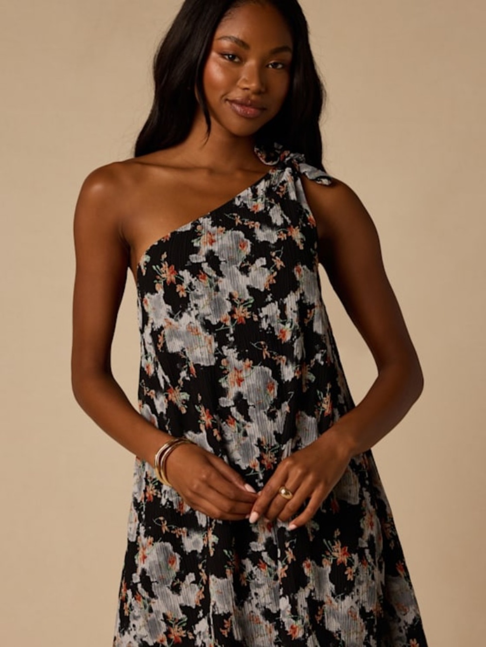 Lulus Aralia Black Multi Floral One-shoulder Shift Mini Dress - Size M
